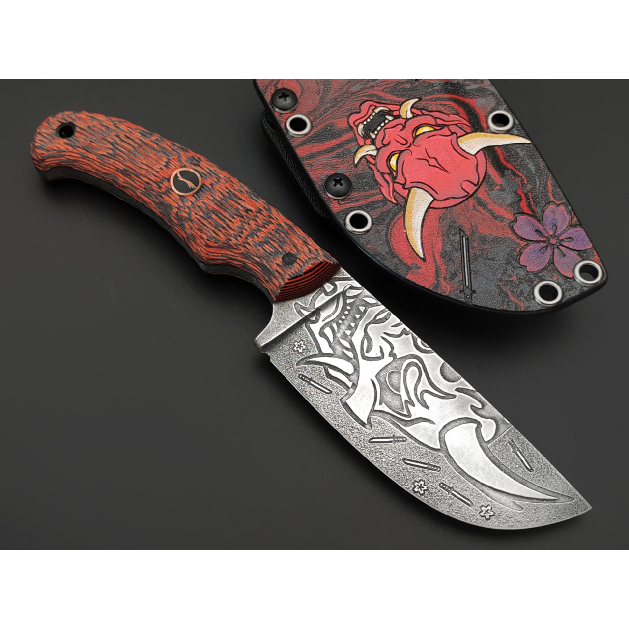 Волчий Век нож Шихан Custom "Oni" сталь 95Х18 WA худ. травление, рукоять G10 black & red, пины карбон