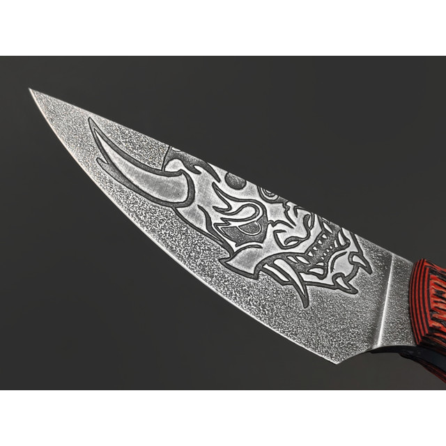 Волчий Век нож Мини МасичЬка Custom Oni сталь N690 WA худ. травление, рукоять G10 black & red