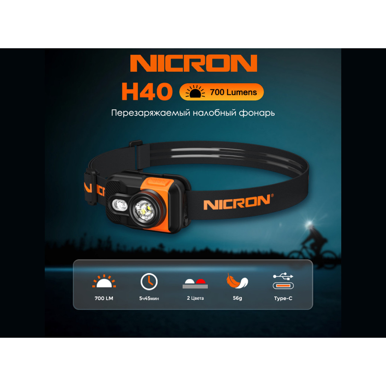 NICRON светодиодный налобный двухлучевой фонарик H40 700LM IPX4