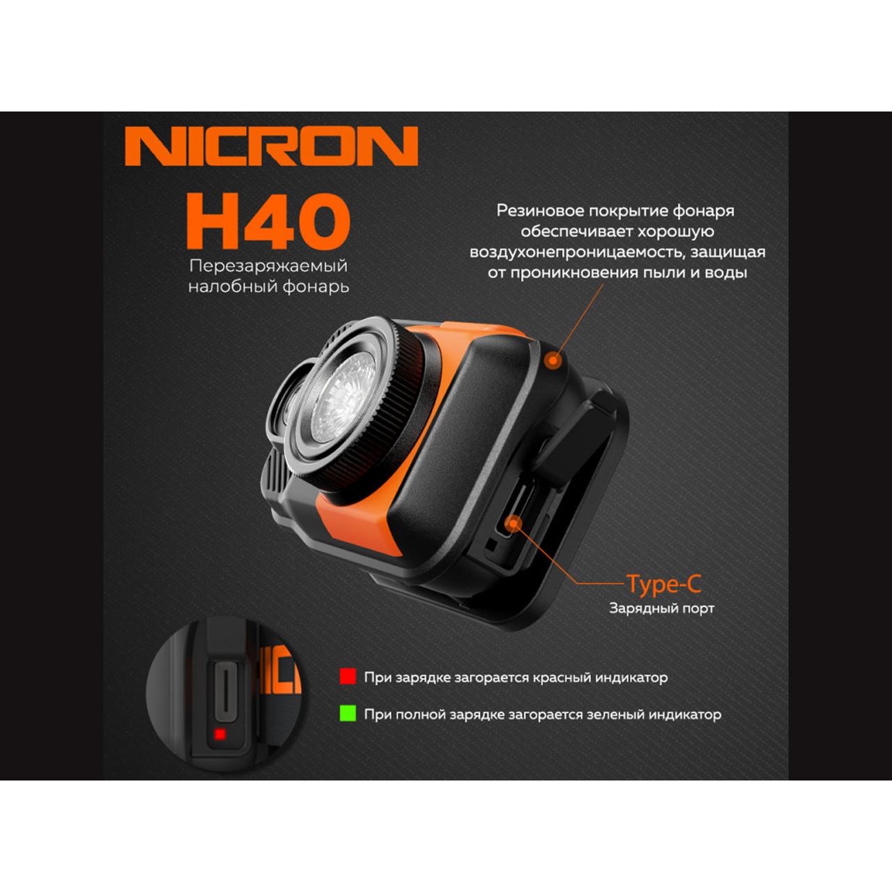 NICRON светодиодный налобный двухлучевой фонарик H40 700LM IPX4