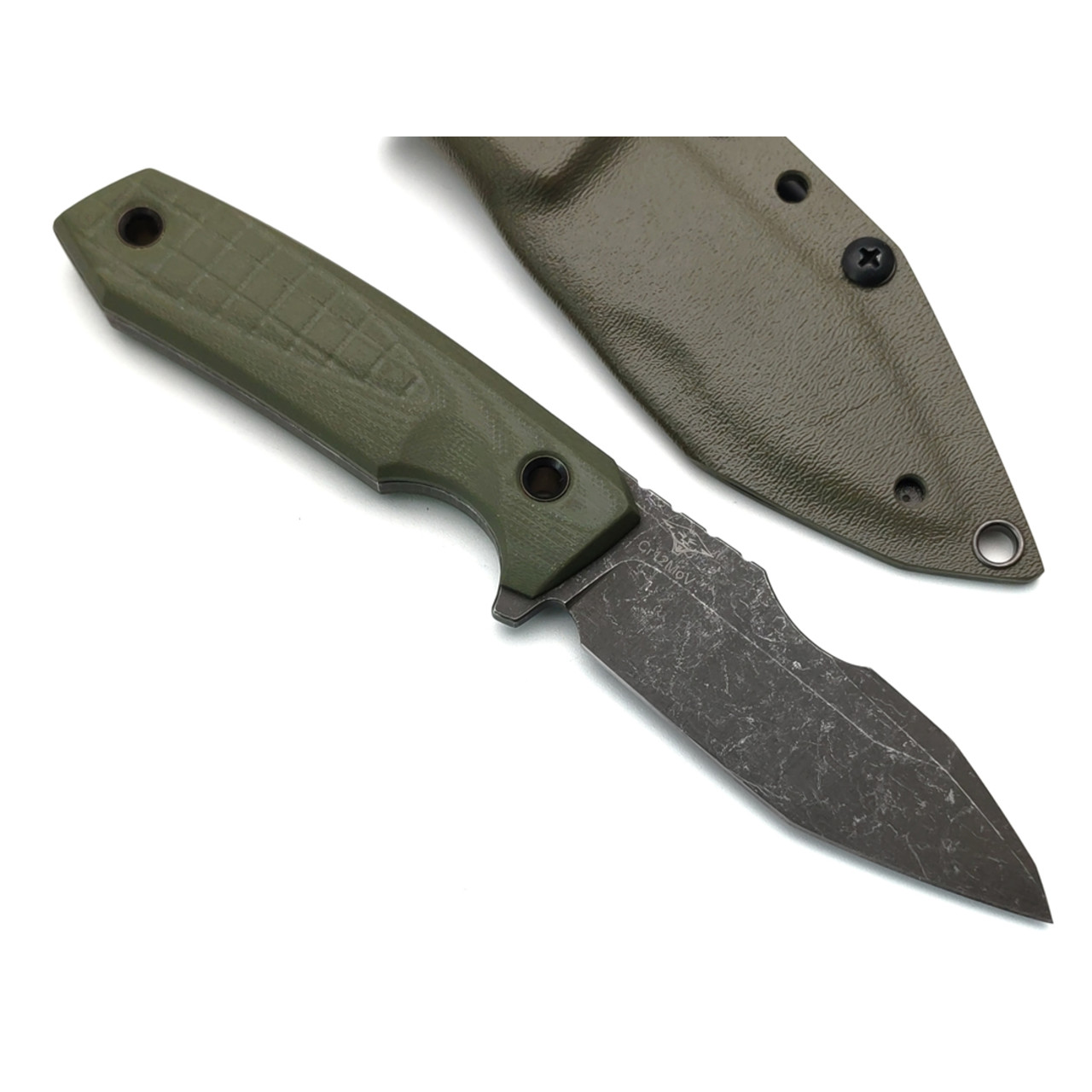 Нож с Котом Скрелинг сталь Cr12MoV блэквош, рукоять G10 oliva, kydex oliva