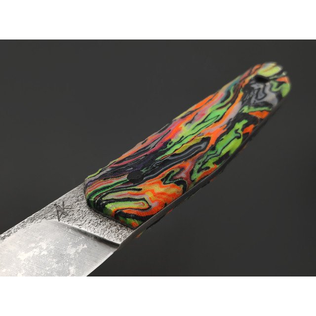 Климочкин Андрей нож Ронин сталь Х12МФ травление, рукоять Micarta chaotic neon toxic