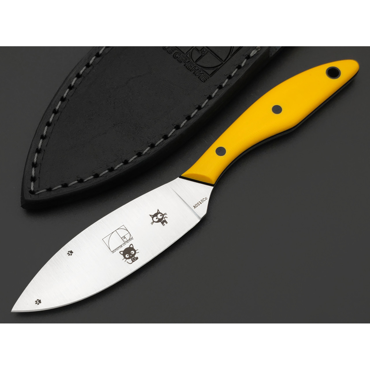 Золотое Сечение нож Канадский мини - Котики, сталь Aus-10Co satin, рукоять G10 yellow & black