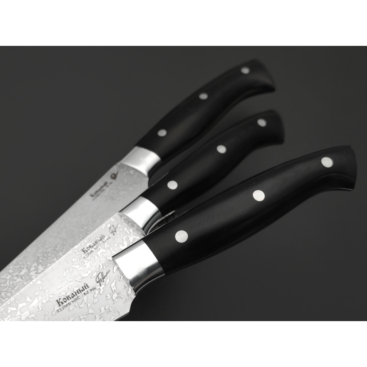 Платонов Д.Г. набор из 3 кухонных ножей, сталь Х12МФ худ. травление, рукоять G10 black