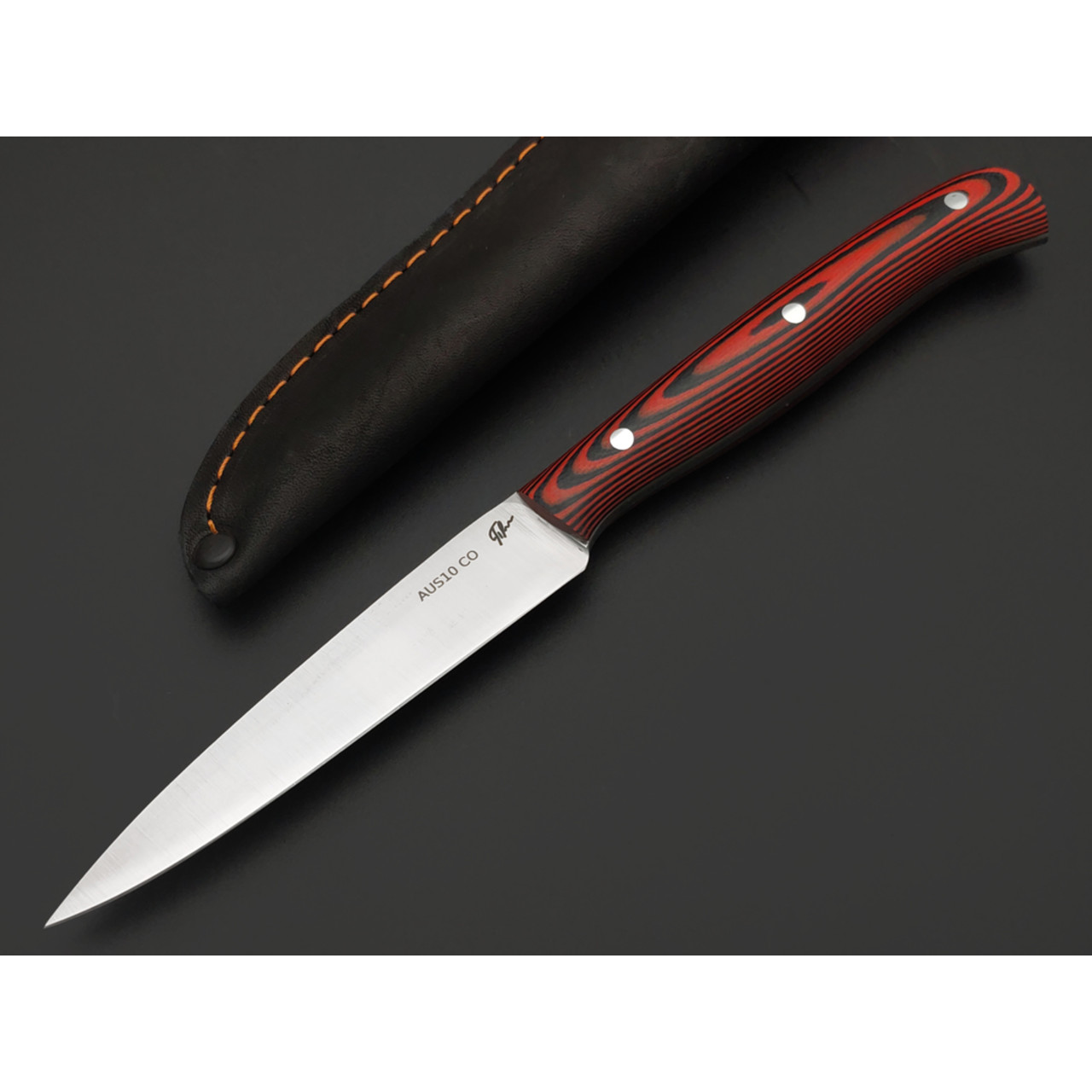 Платонов Д.Г. нож кухонный овощной ЦМ сталь Aus-10Co сатин, рукоять G10 black & red