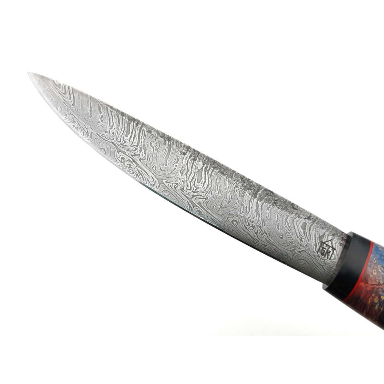 Град Горький нож Север сталь Дамаск, рукоять стаб. Кап клёна, G10 black & red