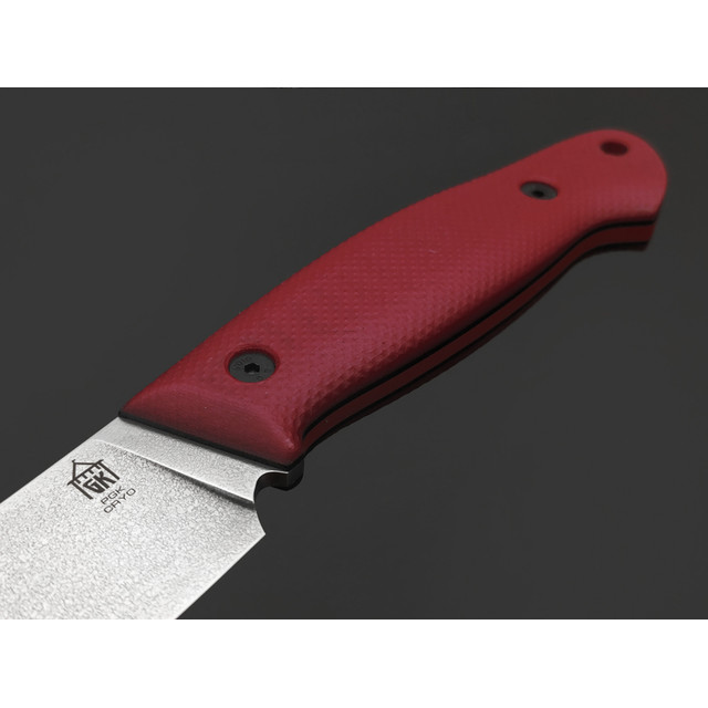 Град Горький нож Охотник сталь PGK травление, рукоять Micarta bordeaux & black, G10 red