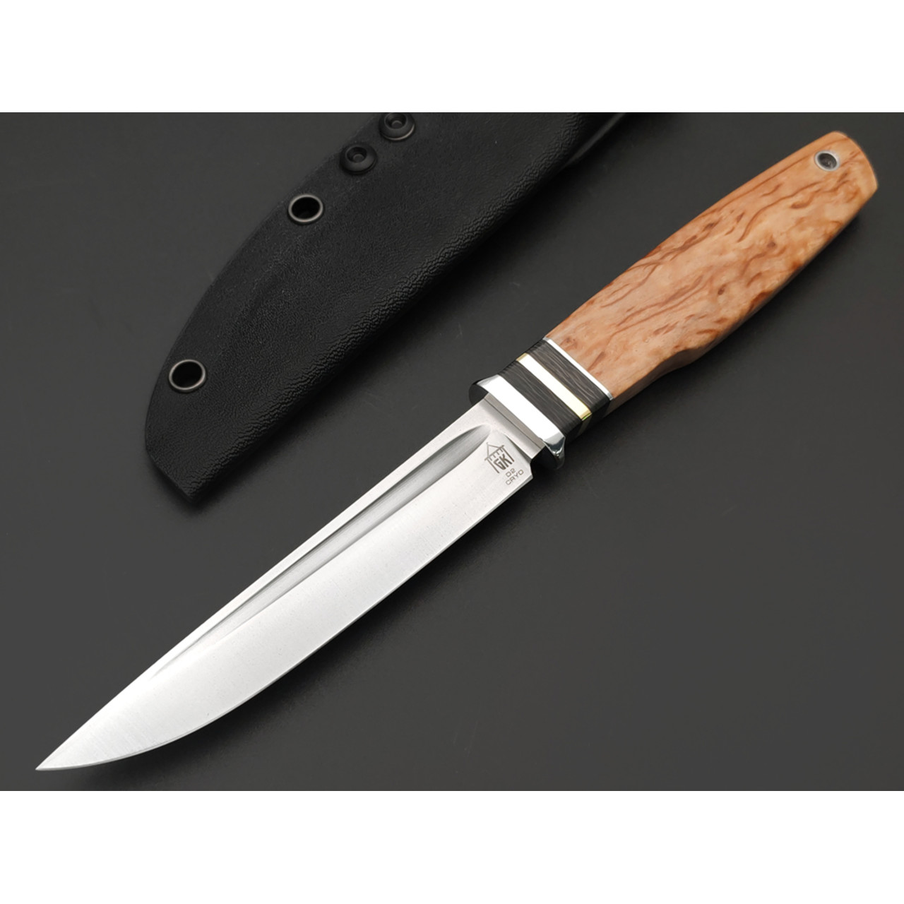 Град Горький нож Горьковская Финка сталь D2 satin, рукоять стаб. Карельская берёза, карбон, нейзильбер, латунь, ножны Kydex