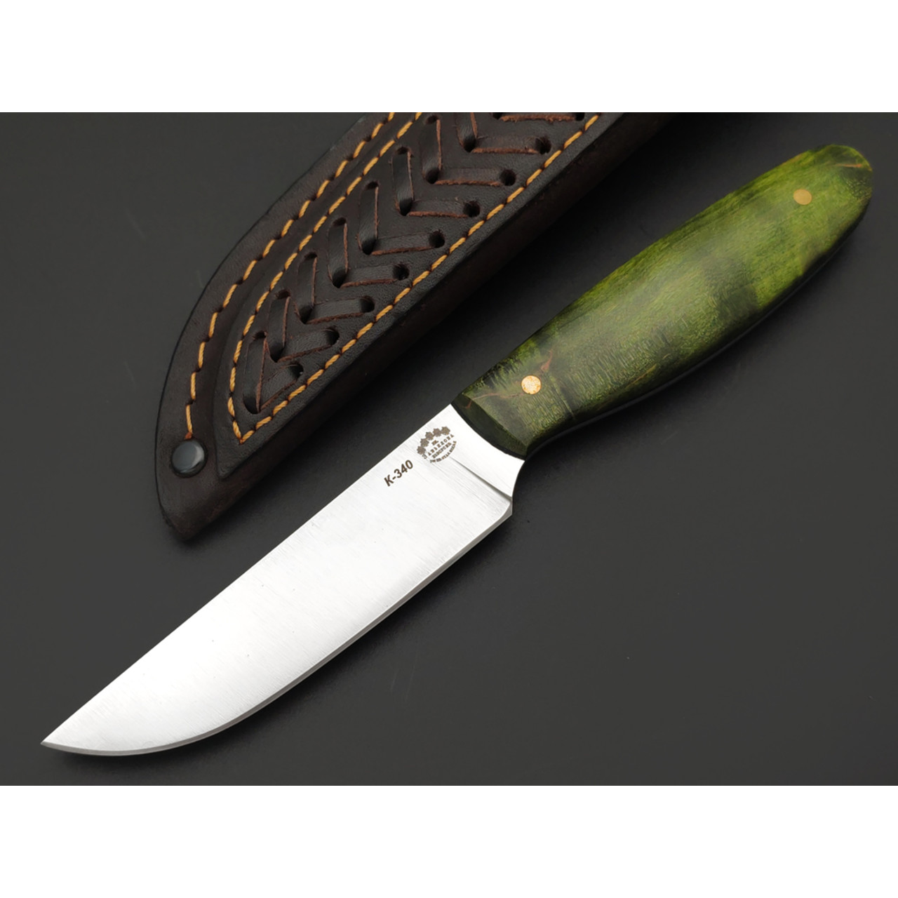 Товарищество Завьялова нож Сити сталь K340 satin, рукоять стаб. Дерево зелёное, G10 black, пины латунь