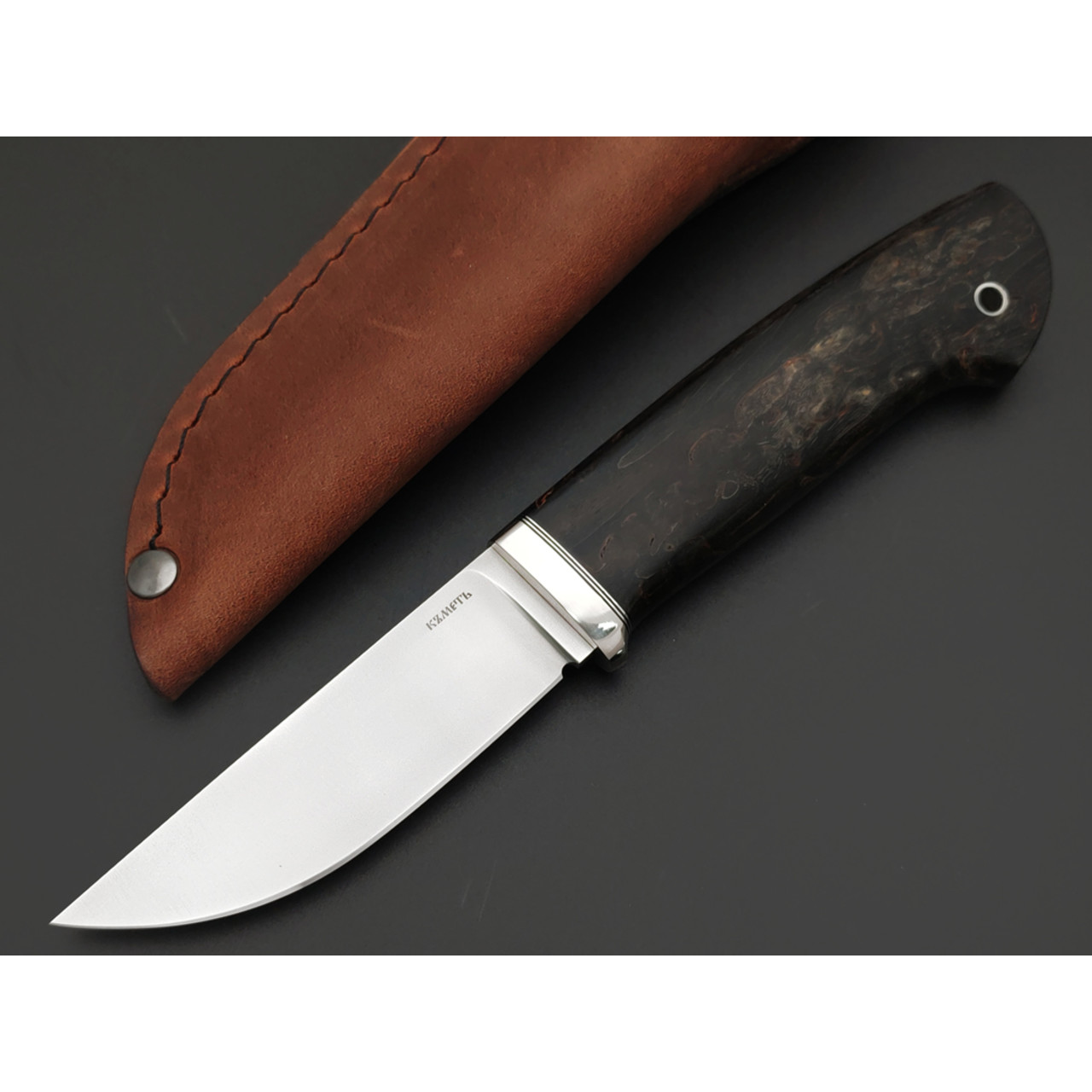 Кметь нож Кроха сталь M390, рукоять стаб. Карельская берёза, мельхиор