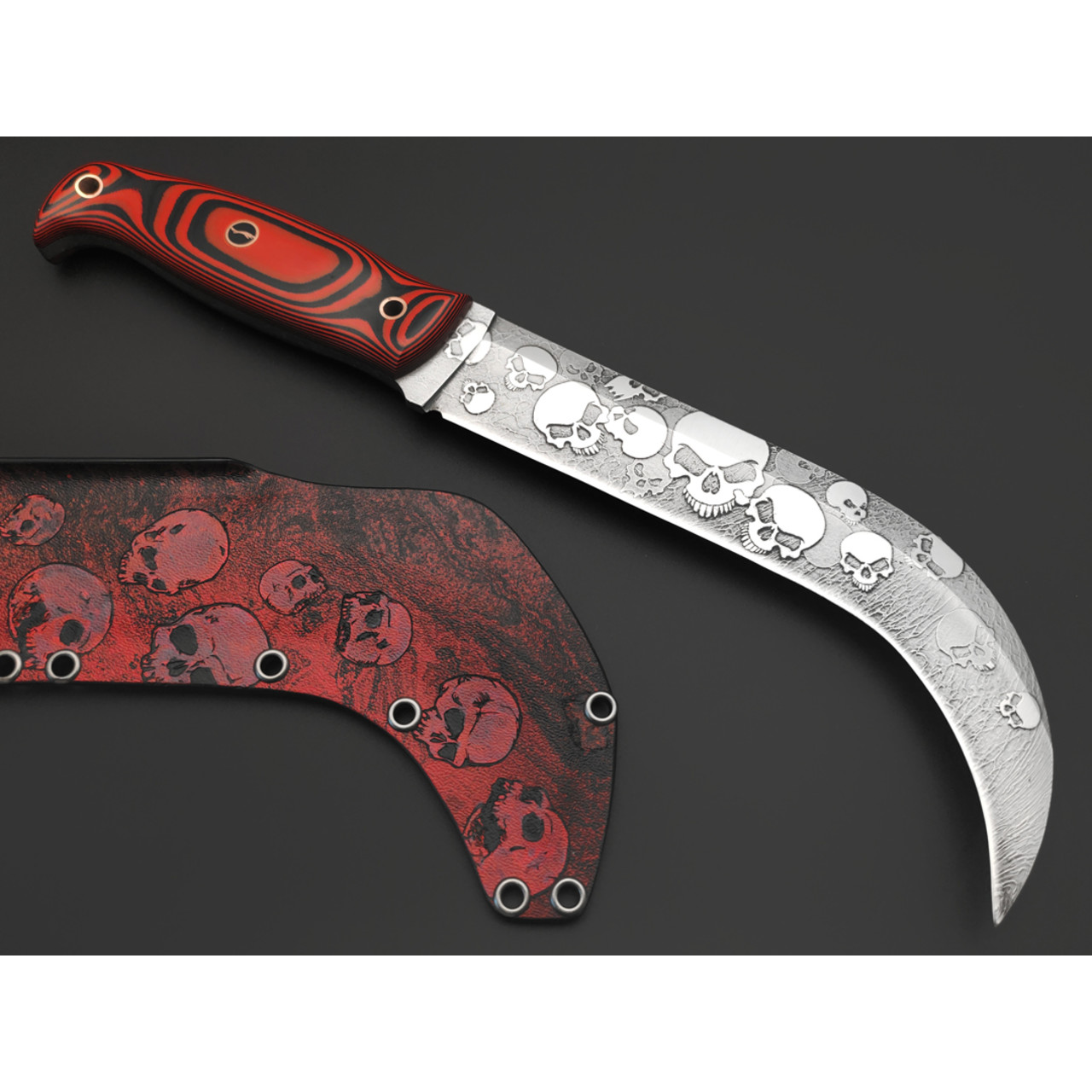 Волчий Век нож Крюк Custom сталь 95Х18 WA худ. травление, рукоять G10 black & red, пины медь