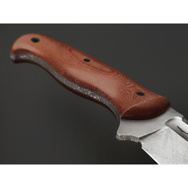 Волчий Век нож Бхадж Custom сталь N690 WA худ. травление Хаотик, рукоять Micarta brown, пины карбон