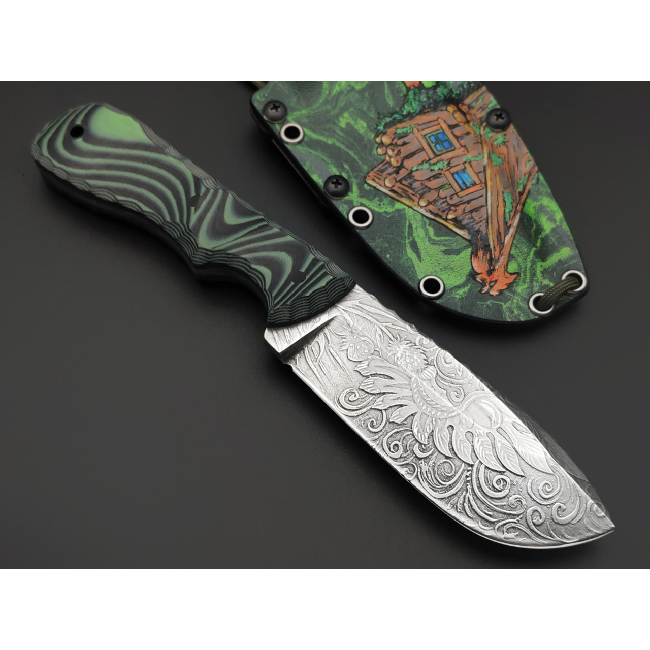Волчий Век нож БП-11 Custom "Dark Russian Tales" сталь N690 WA худ. травление, рукоять G10 black & green, пины карбон