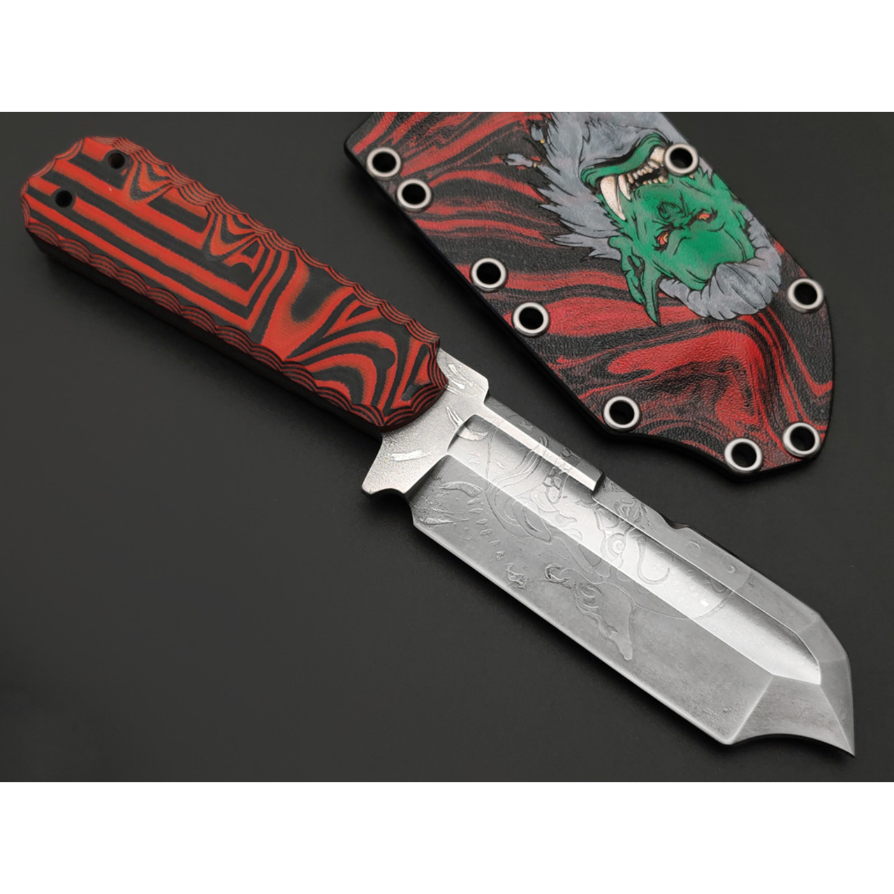 Волчий Век нож Кащей Custom "Орк" сталь N690 WA худ. травление, рукоять G10 black & red, пины карбон