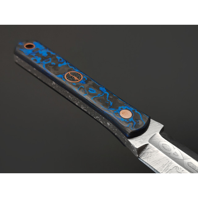 Волчий Век нож Кинжалоид Custom сталь 95Х18 WA худ. травление, рукоять Карбон blue, пины медь