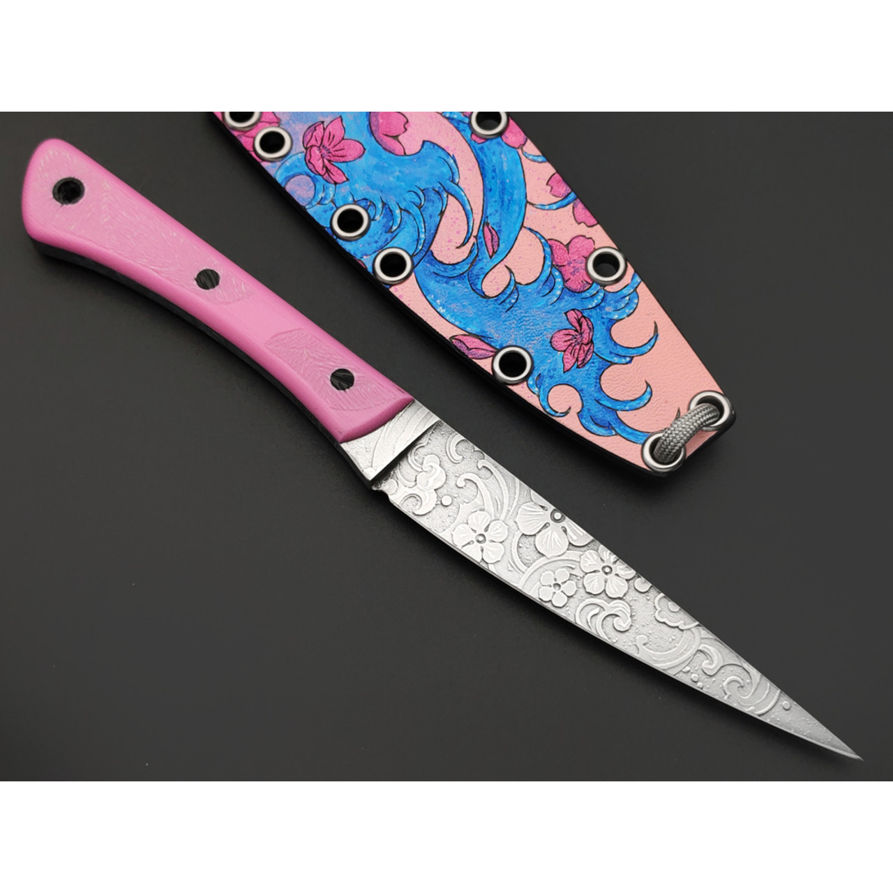 Волчий Век нож Сечень Custom "Сакура" сталь N690 WA худ. травление, рукоять G10 pink, пины карбон