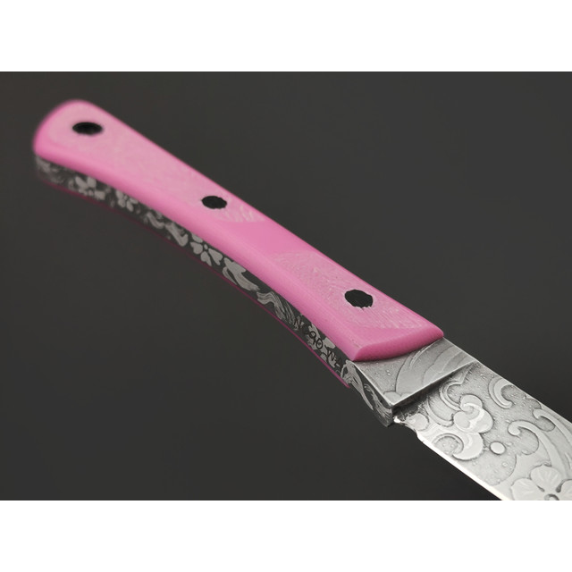 Волчий Век нож Сечень Custom "Сакура" сталь N690 WA худ. травление, рукоять G10 pink, пины карбон