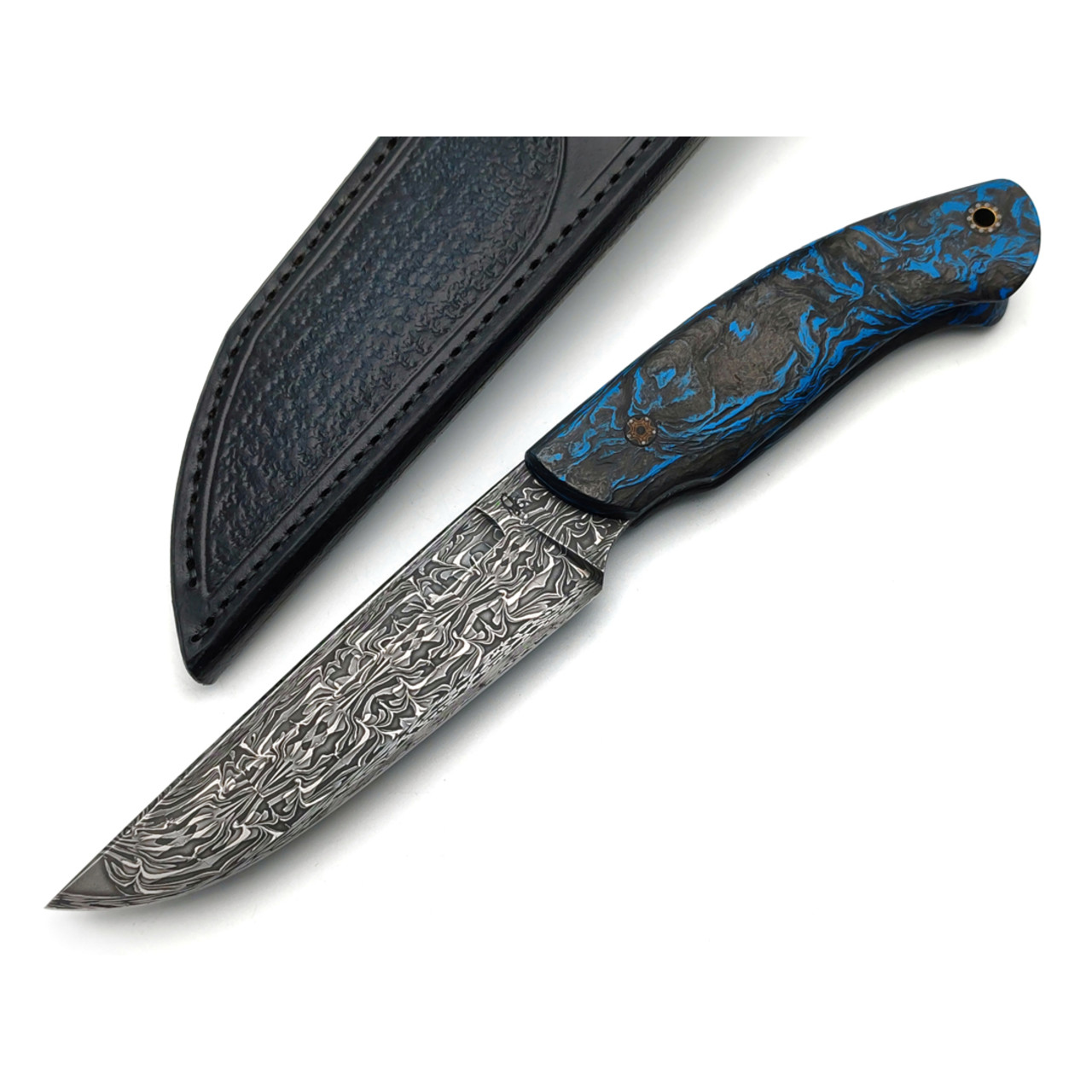 Влад Матвеев нож VM61 мозаичный дамаск, рукоять Carbon fiber chaotic blue, мозаичные пины