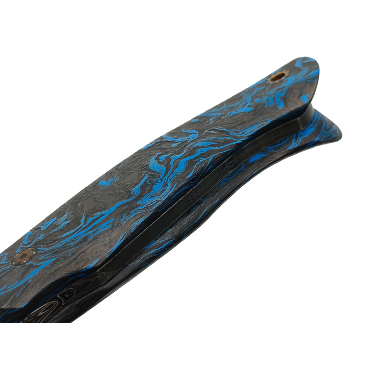 Влад Матвеев нож VM61 мозаичный дамаск, рукоять Carbon fiber chaotic blue, мозаичные пины