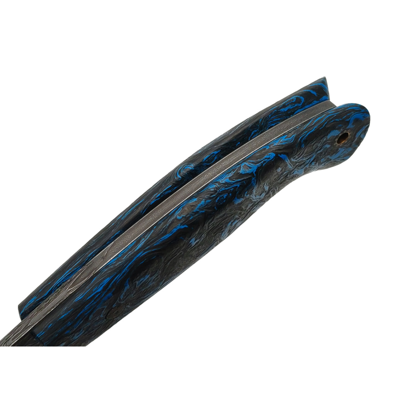 Влад Матвеев нож VM61 мозаичный дамаск, рукоять Carbon fiber chaotic blue, мозаичные пины