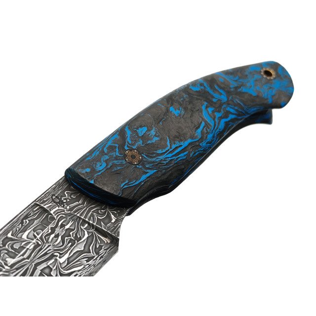 Влад Матвеев нож VM61 мозаичный дамаск, рукоять Carbon fiber chaotic blue, мозаичные пины