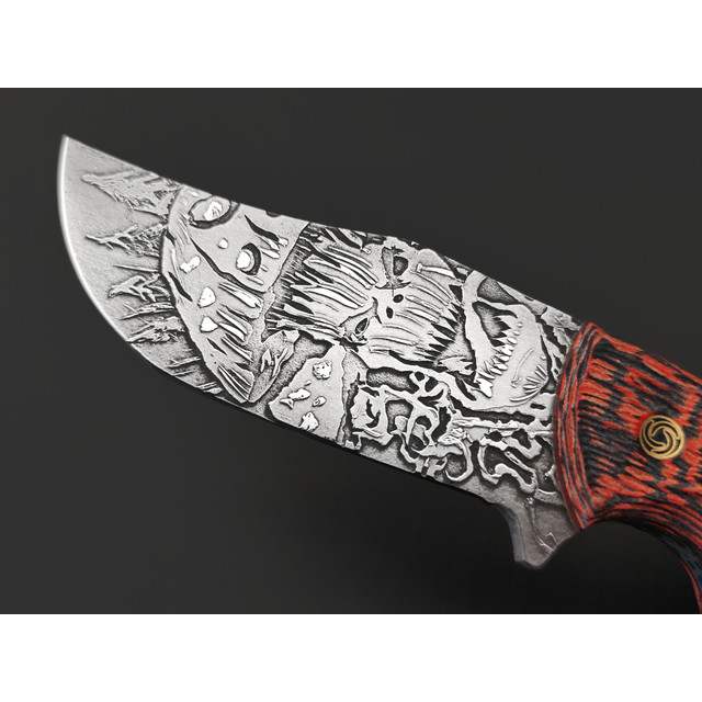Волчий Век нож Бхадж Малый Custom Dark Russian Tales сталь 95Х18 WA худ. травление, рукоять G10 black & red
