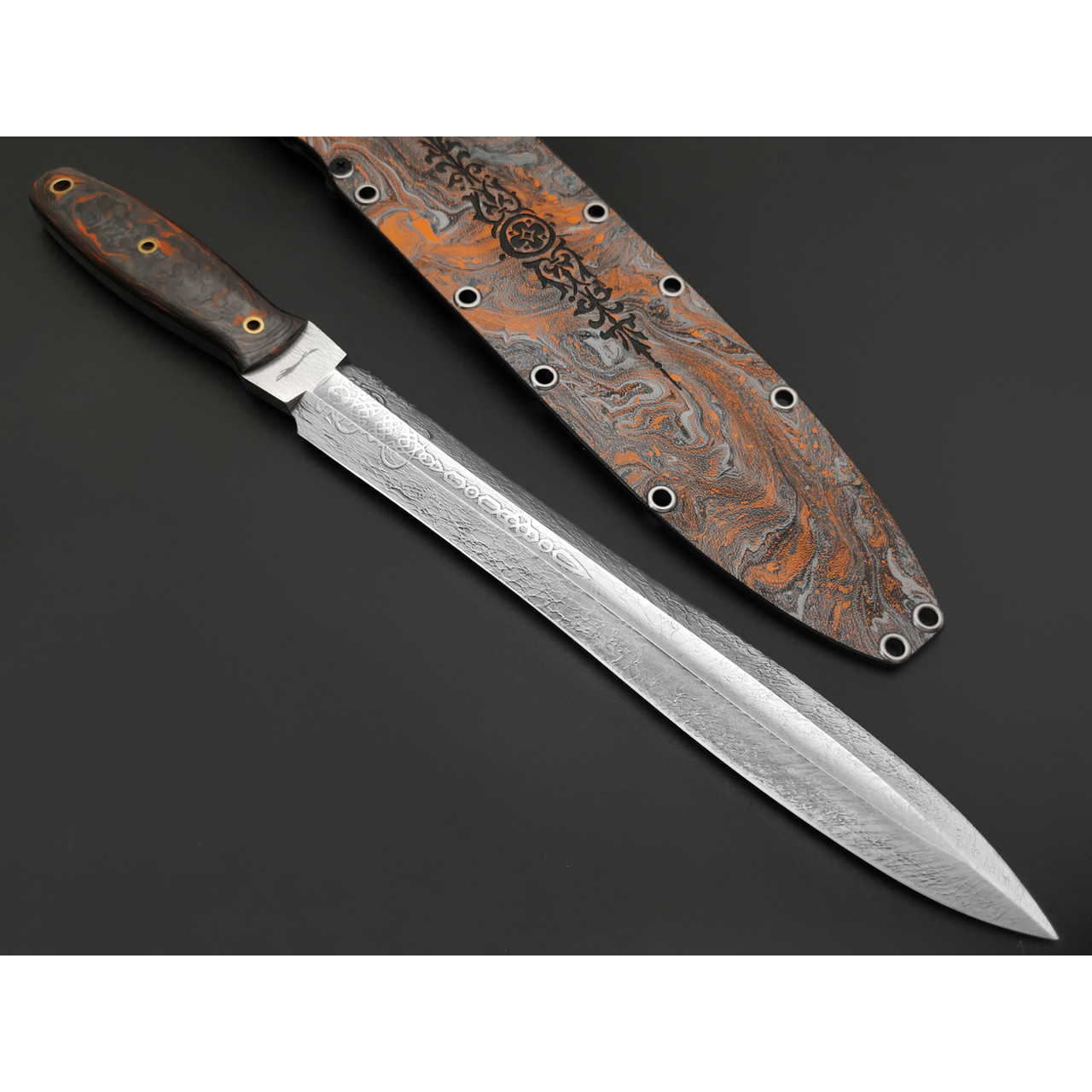 Волчий Век нож Кинжалоид Custom сталь 1.4116 WA худ. травление, рукоять Carbon fiber custom chaotic orange