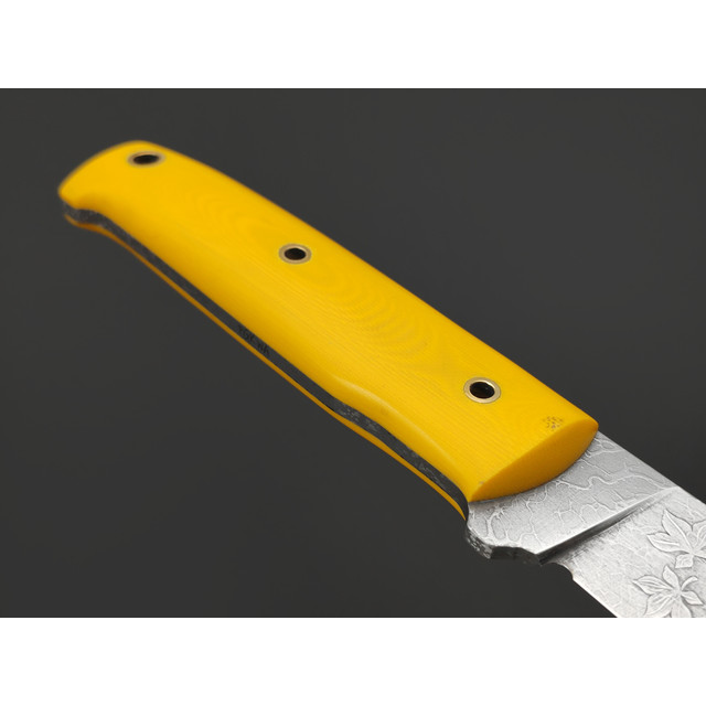 Волчий Век нож Wolfkniven Custom сталь PGK WA худ. травление, рукоять G10 yellow, пины латунь