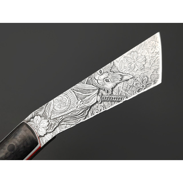 Волчий Век нож НДК 11 Custom "Котик-Самурай" сталь 95Х18 WA худ. травление, рукоять Carbon fiber, G10 red & white