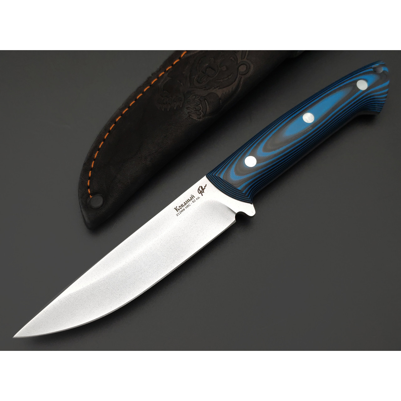 Платонов Д.Г. нож кованый Тигр-М ЦМ сталь Х12МФ, рукоять G10 black & blue