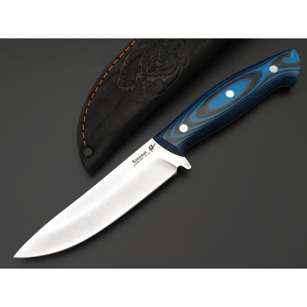 Платонов Д.Г. нож кованый Скинер ЦМ сталь Х12МФ, рукоять G10 black & blue