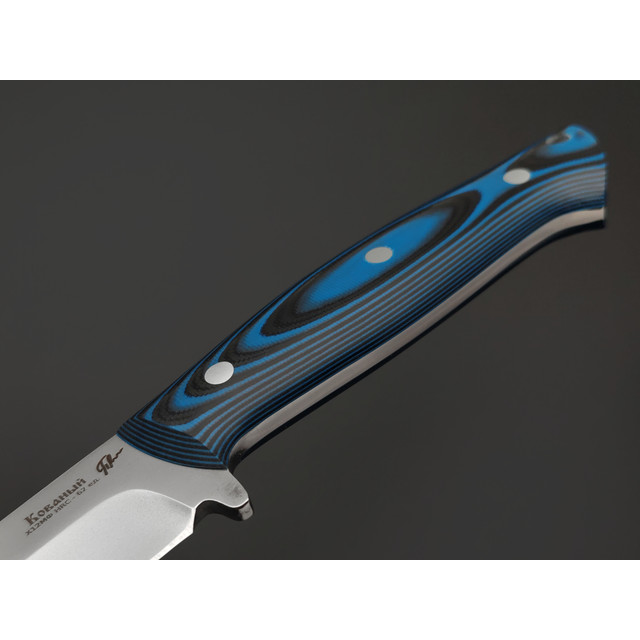 Платонов Д.Г. нож кованый Скинер ЦМ сталь Х12МФ, рукоять G10 black & blue