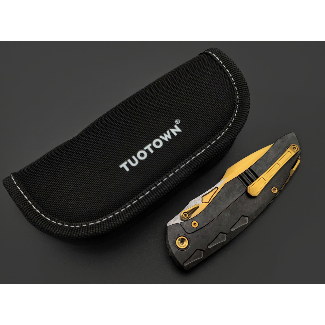 TuoTown складной нож Krotos TKT-NDG сталь T14N Gold PVD, рукоять Crystal Ti DLC black