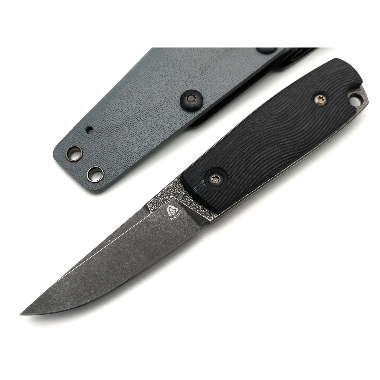 PhantomTools нож Puukko M сталь K110 блэквош, рукоять G10 black texture, ножны kydex grey