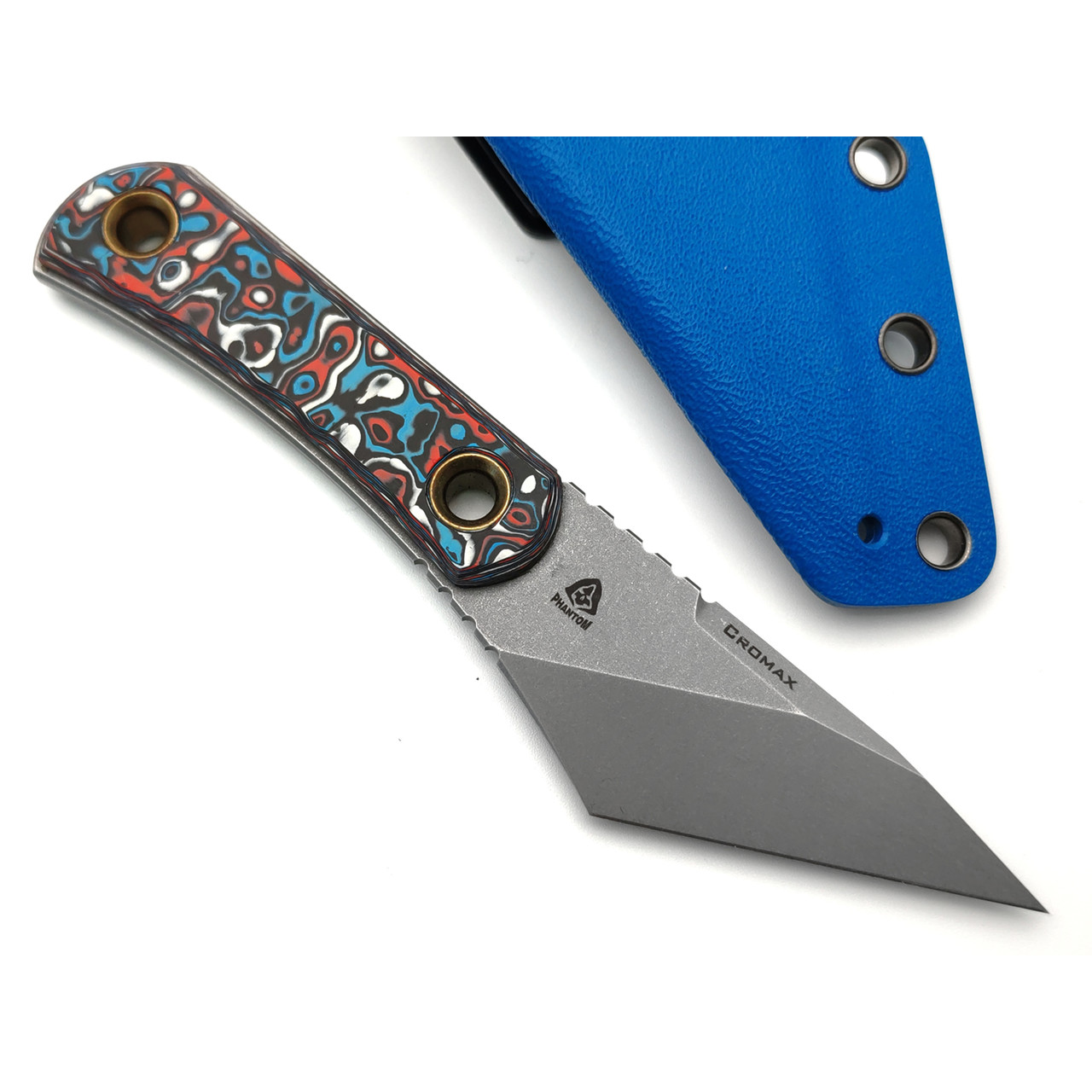 PhantomTools нож Unboxer сталь CROMAX стоунвош, рукоять Chaotic carbon fiber, ножны kydex blue