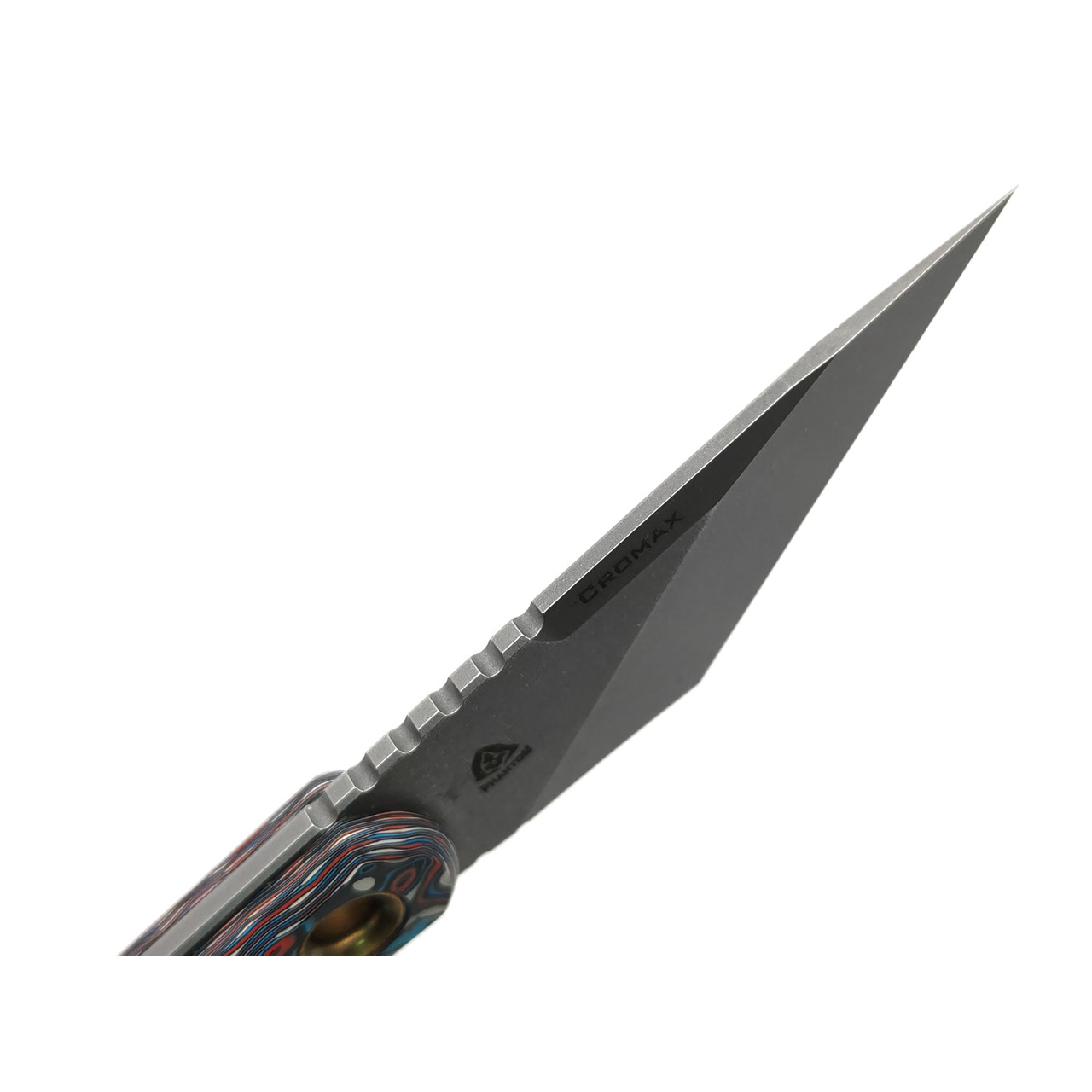 PhantomTools нож Unboxer сталь CROMAX стоунвош, рукоять Chaotic carbon fiber, ножны kydex blue