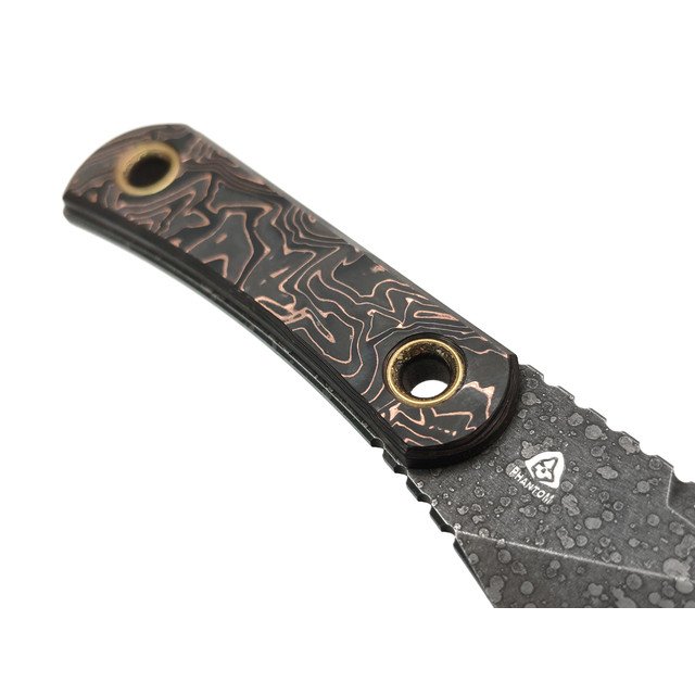 PhantomTools нож Unboxer сталь K390 dark etched, рукоять Chaotic carbon fiber copper, ножны kydex black