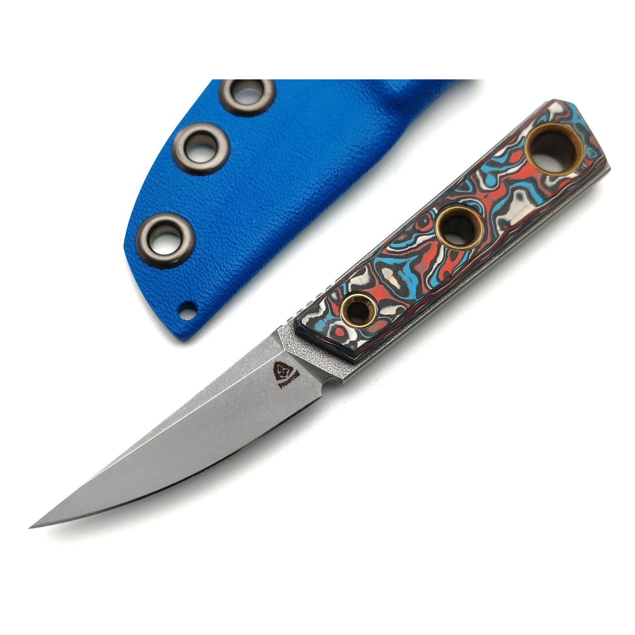 PhantomTools нож Kwaiken micro сталь CROMAX стоунвош, рукоять Chaotic carbon fiber, ножны kydex blue