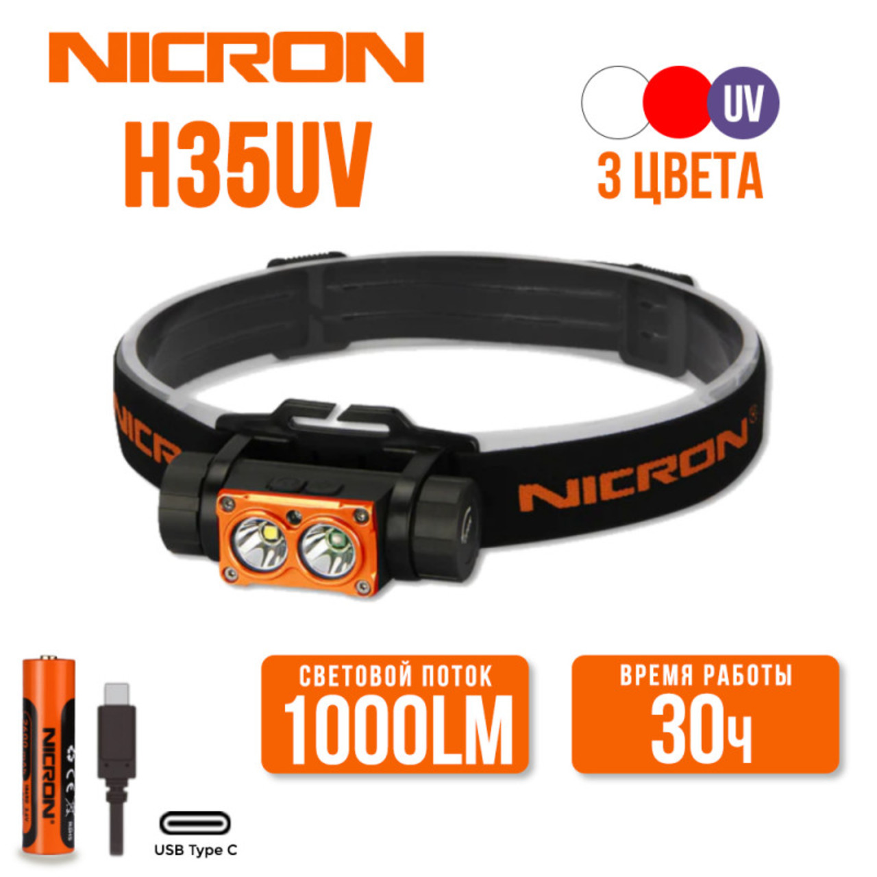 NICRON светодиодный налобный двухлучевой фонарик с УФ H35UV 1000LM IPX7