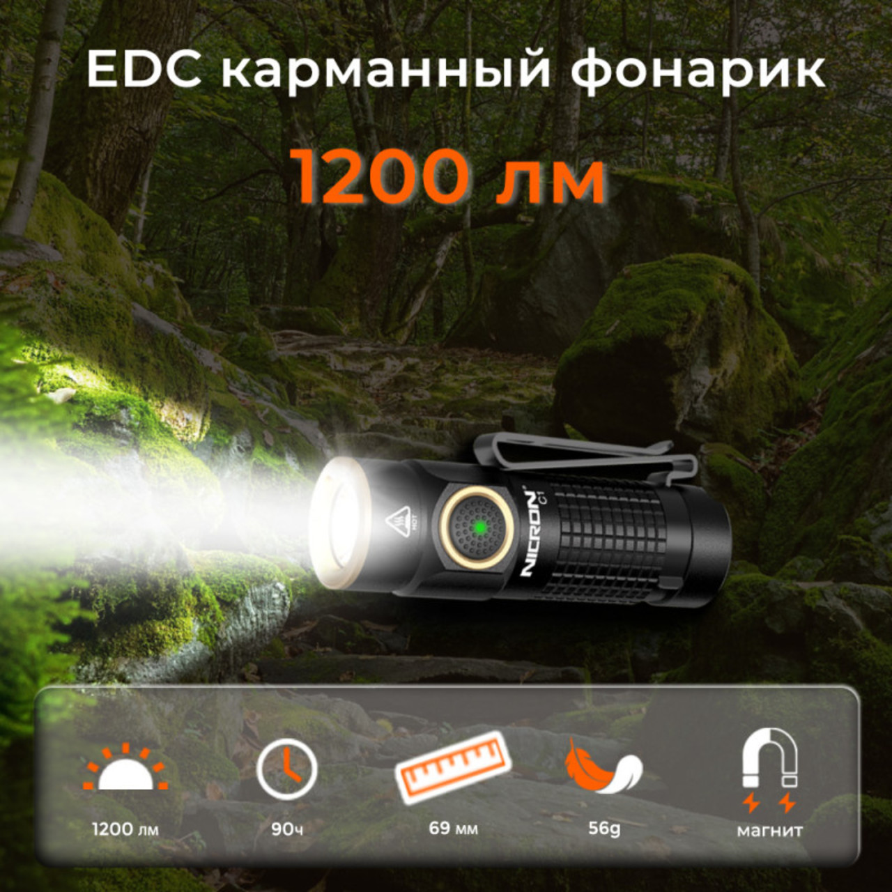 NICRON светодиодный тактический фонарик C1 Green Limited Edition "Эльбрус" 1200LM IPX8