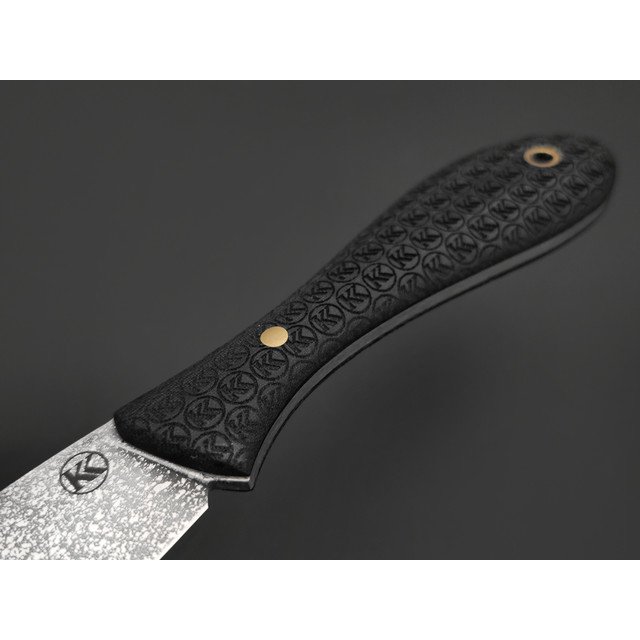Кирилл Козлов нож Лаурус сталь Aus-10Co худ. травление, рукоять Micarta black, латунь, гравировка