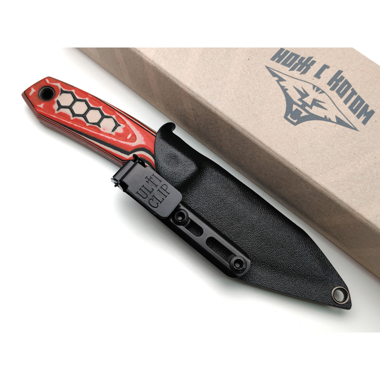 Нож с Котом Скрелинг сталь VG-10 блэквош, рукоять G10 red, black & white, kydex black