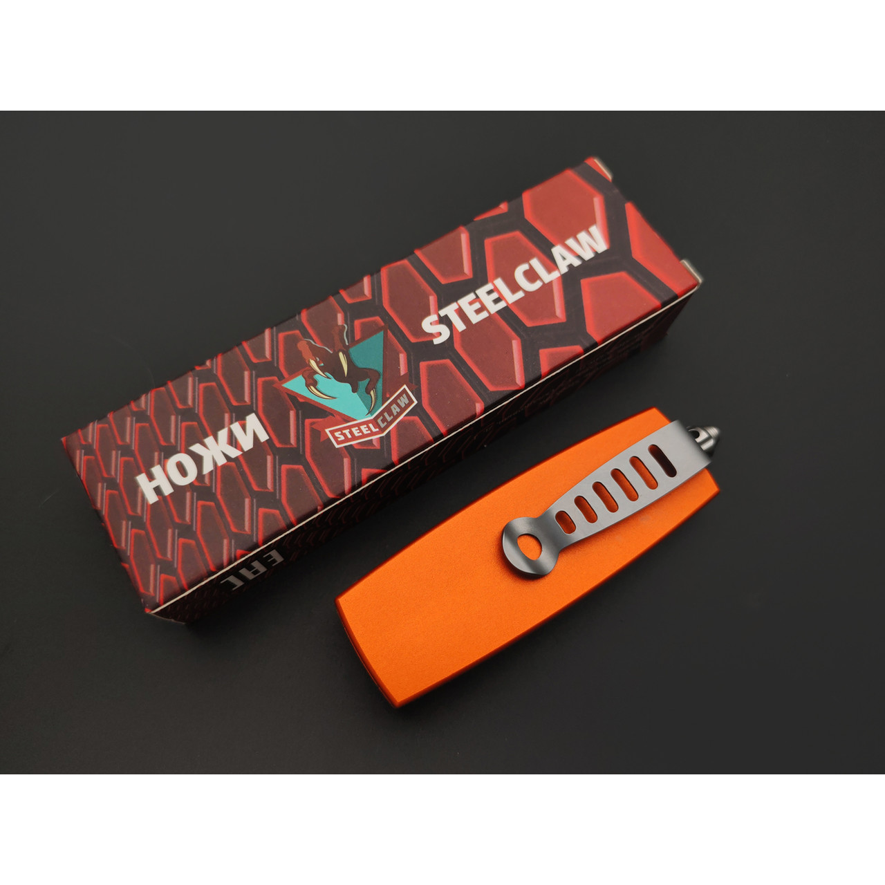 Steelclaw фронтальный нож Криптон-02 сталь D2 satin, рукоять Aluminium orange