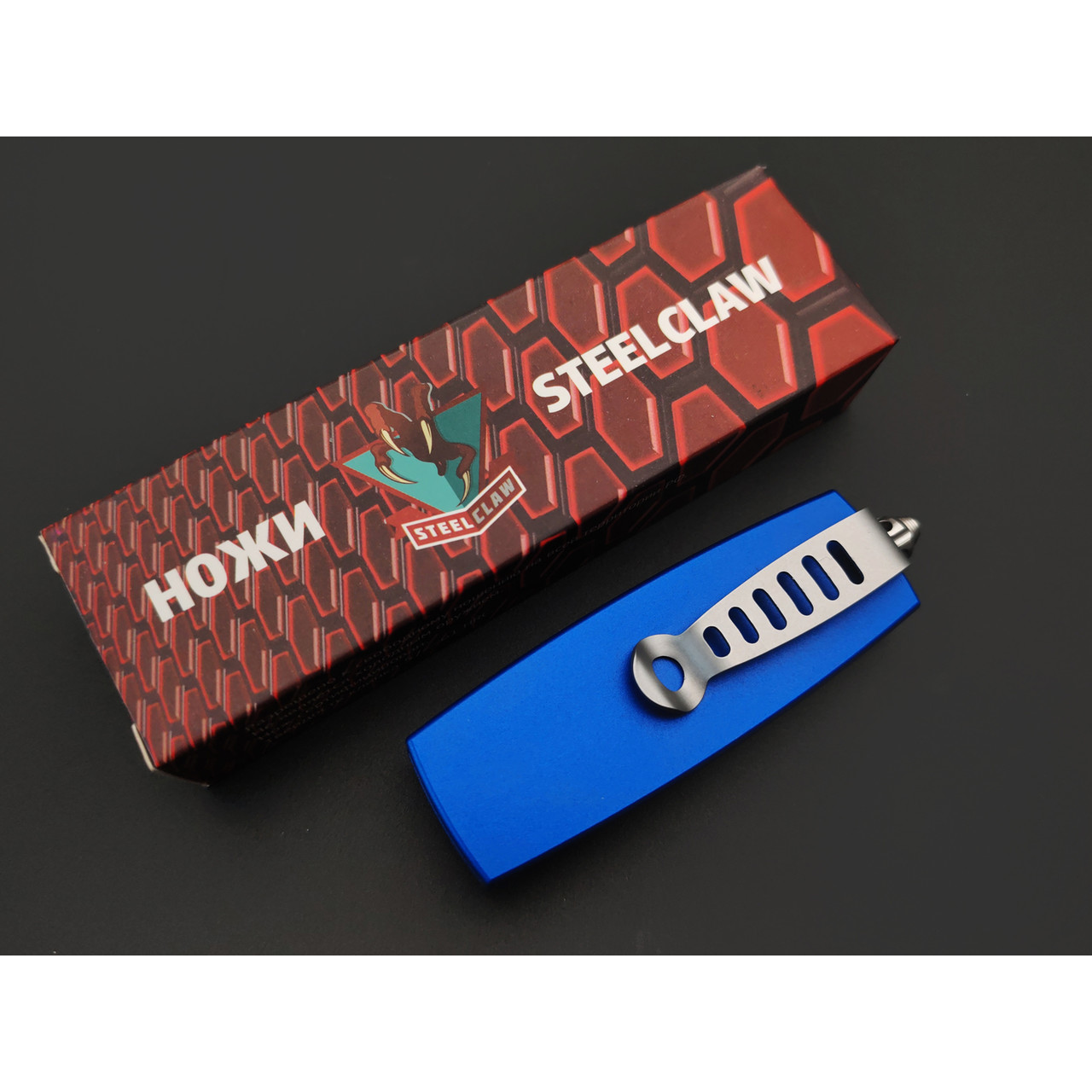 Steelclaw фронтальный нож Криптон-01 сталь D2 satin, рукоять Aluminium blue