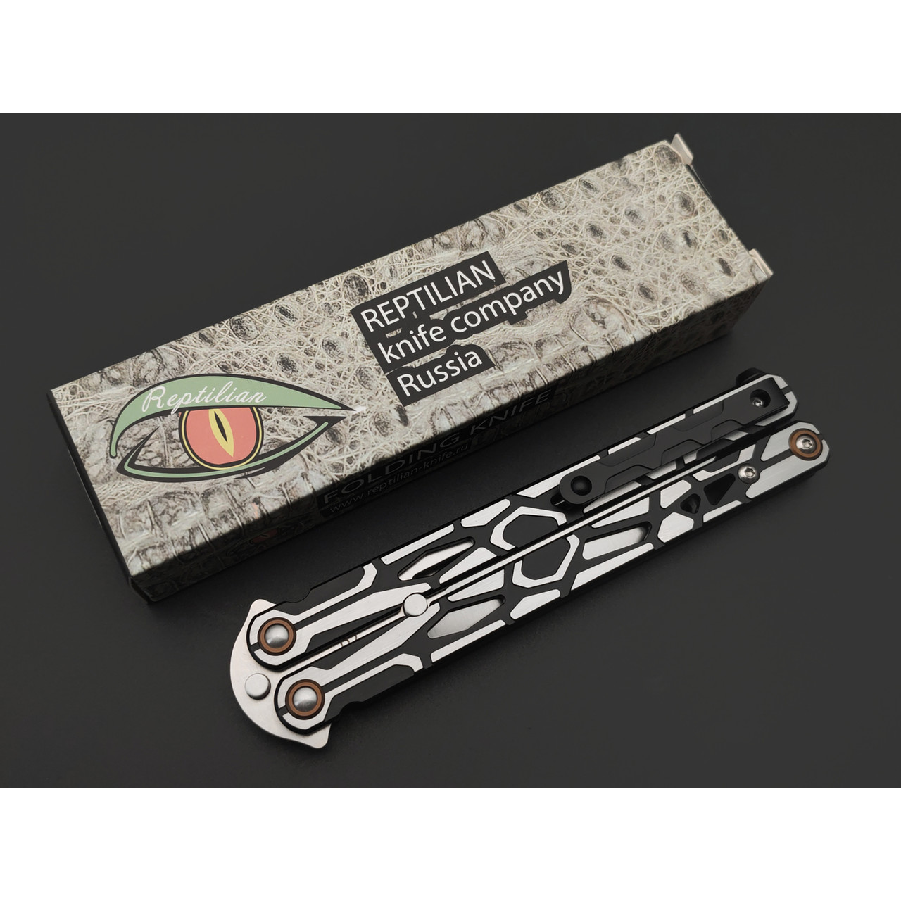 Reptilian нож бабочка Киборг-02 сталь D2 satin, рукоять Steel black