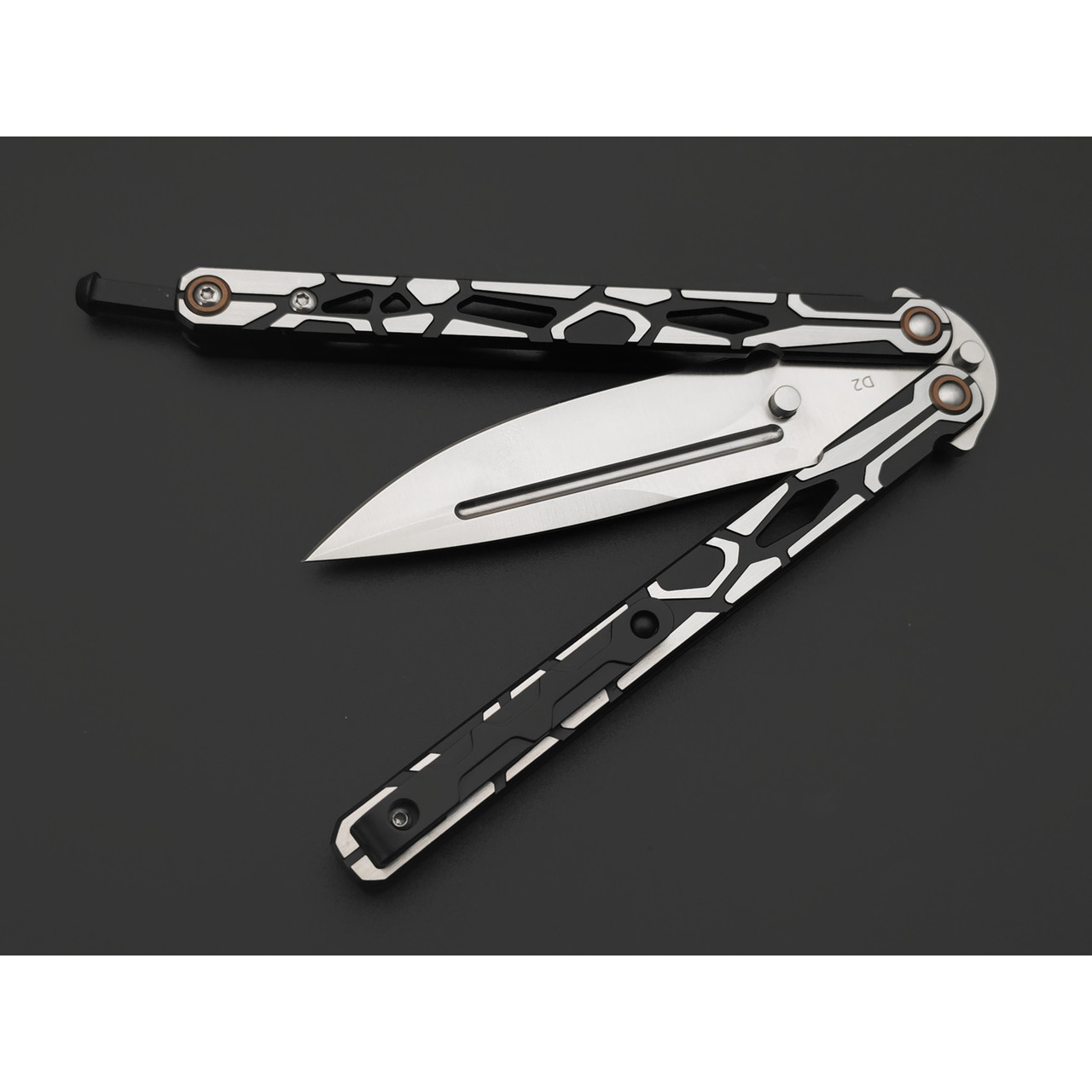 Reptilian нож бабочка Киборг-02 сталь D2 satin, рукоять Steel black