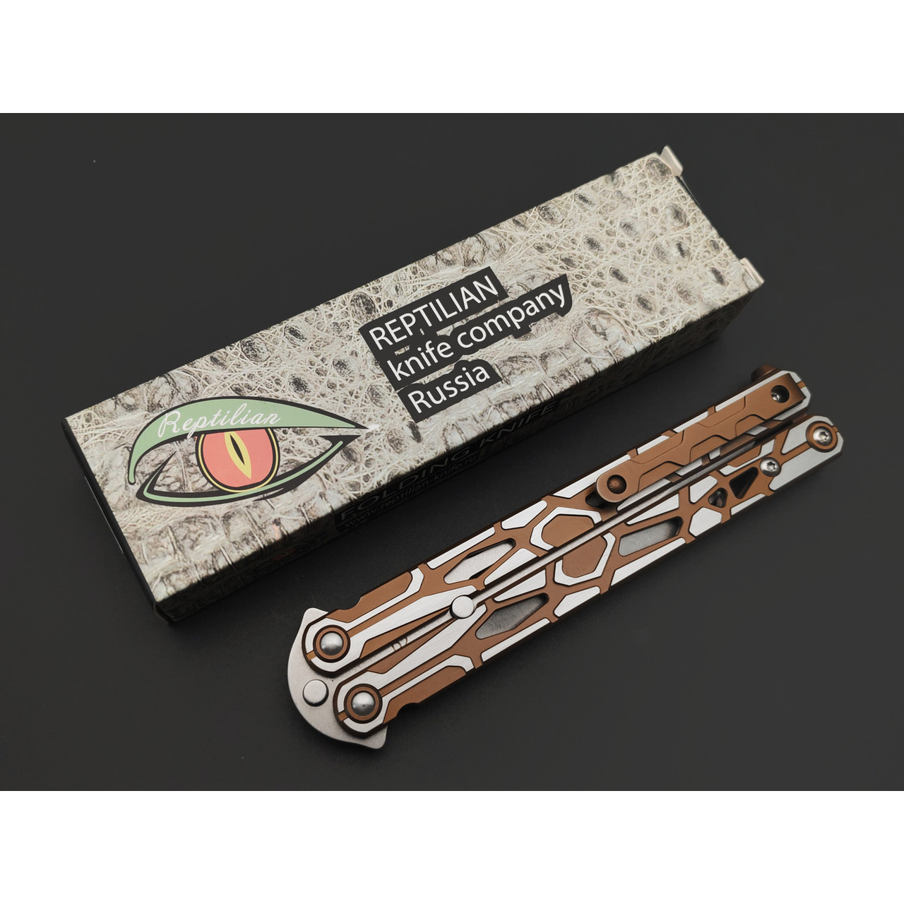 Reptilian нож бабочка Киборг-03 сталь D2 стоунвош, рукоять Steel brown