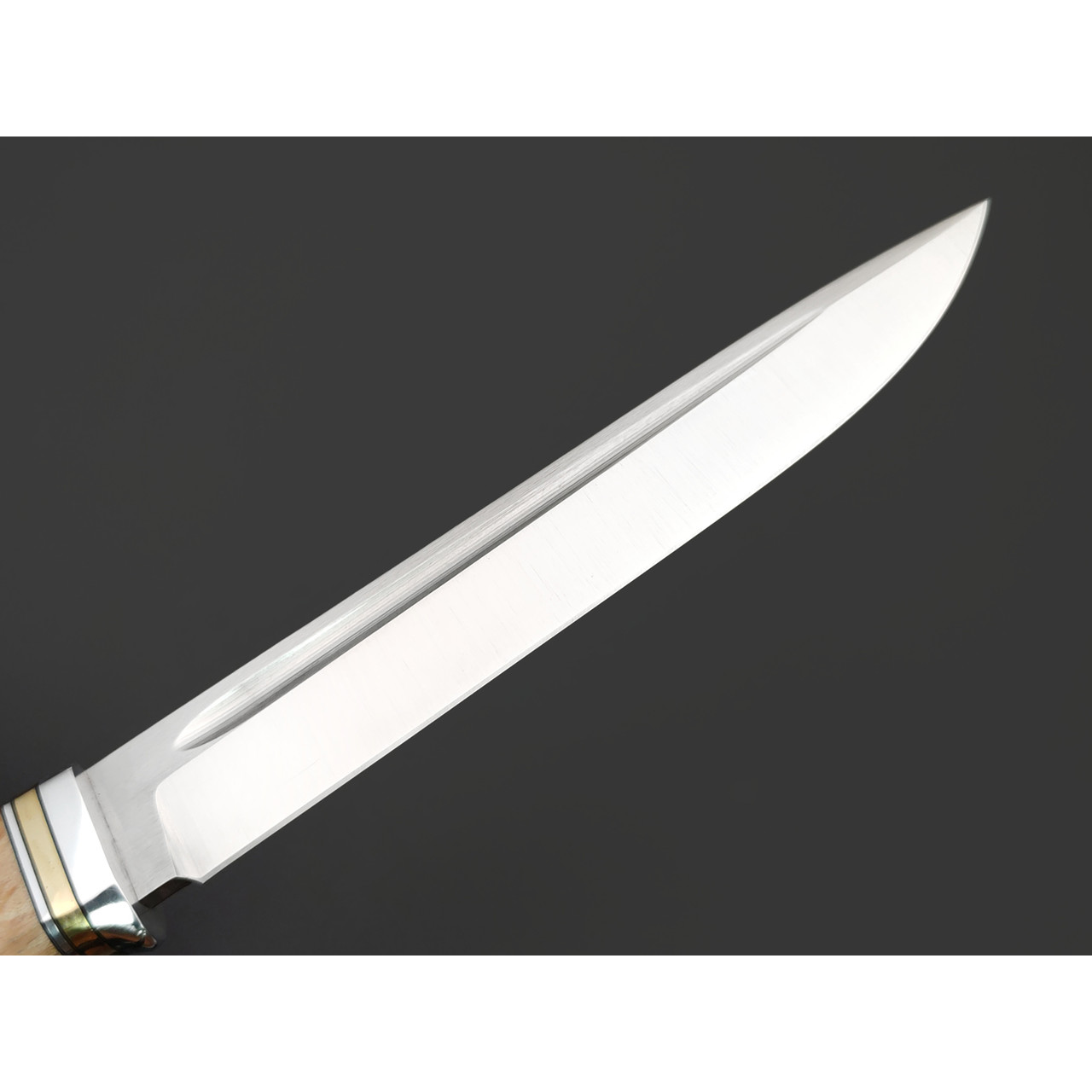 Град Горький нож Техно-Финка большая сталь VG-10 satin, рукоять стаб. Карельская берёза светлая, нейзильбер, латунь