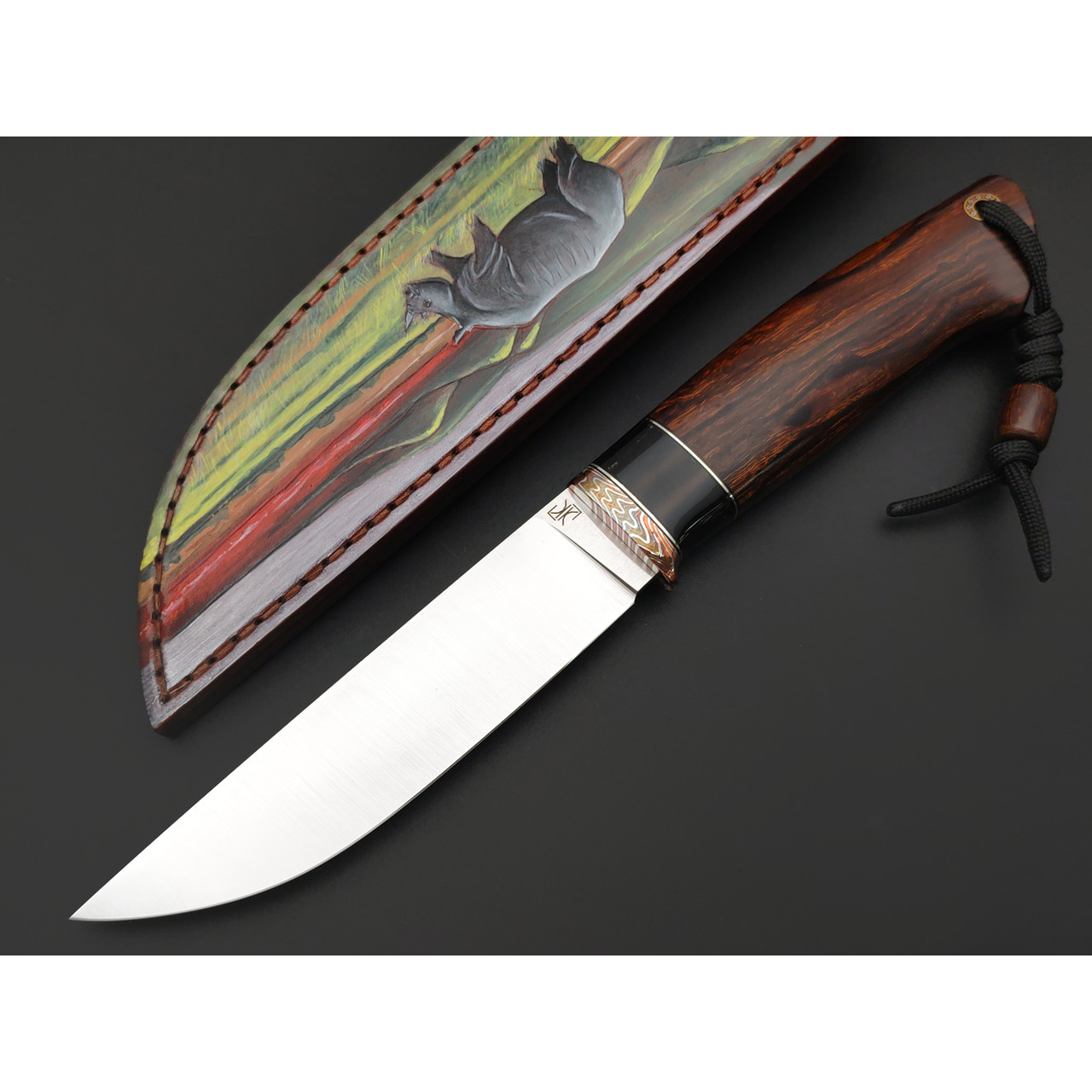 Кузница Ковчег нож Скаут сталь M398 satin, рукоять Айронвуд, акриловый композит, мокумэ-ганэ, ножны с ручной росписью
