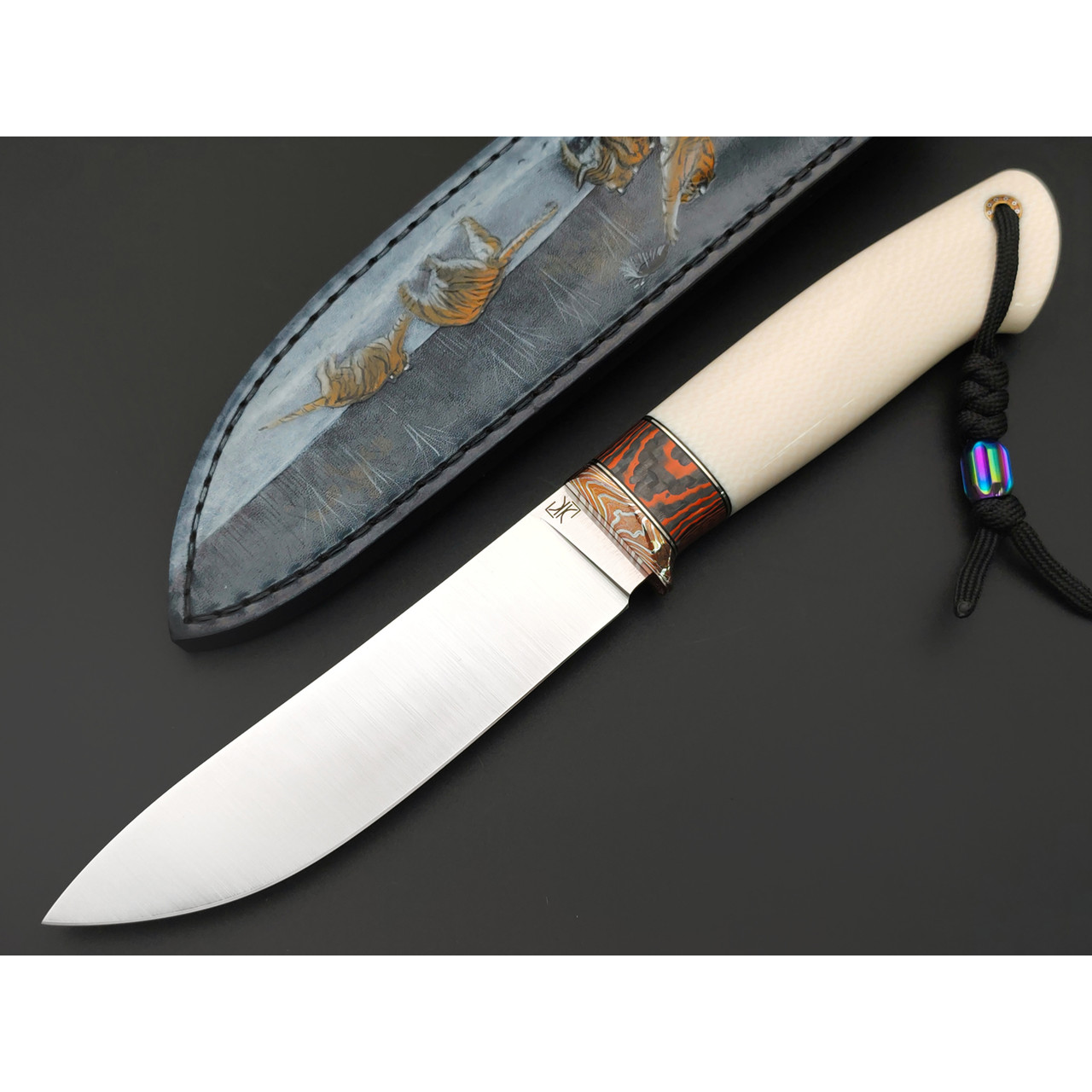 Кузница Ковчег нож Таёжный сталь M398 satin, рукоять Элфорин, carbon fiber orange, мокумэ-ганэ, ножны с ручной росписью